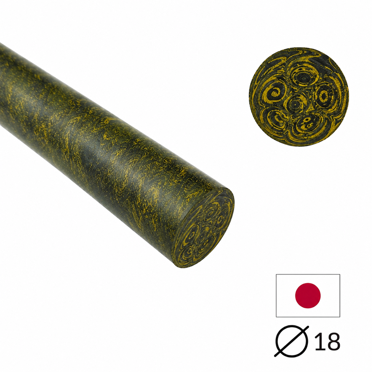 Ebonit-Stange - Ø18 - 25 cm - Geschliffen - Gelb & schwarz (mehrfach marmoriert)
