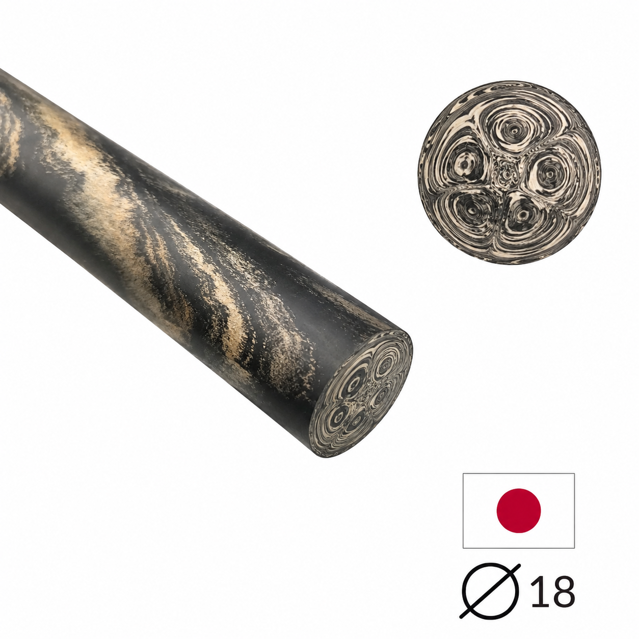 Ebonit-Stange - Ø18 - 25 cm - geschliffen - Beige & schwarz (mehrfach marmoriert)