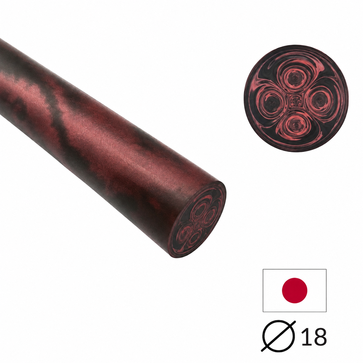 Ebonit-Stange - Ø18 - 25 cm - Geschliffen - Rot & Schwarz (mehrfach marmoriert)