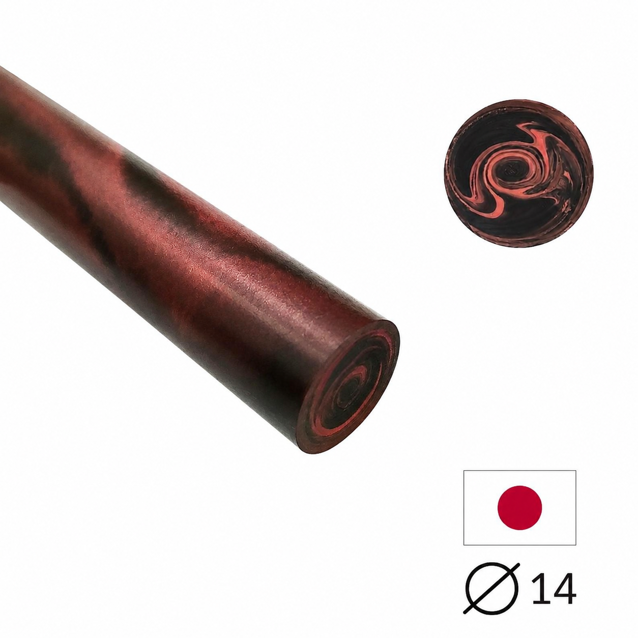 Ebonit-Stange - Ø14 - 25 cm - Geschliffen - Rot & Schwarz (einfach marmoriert)