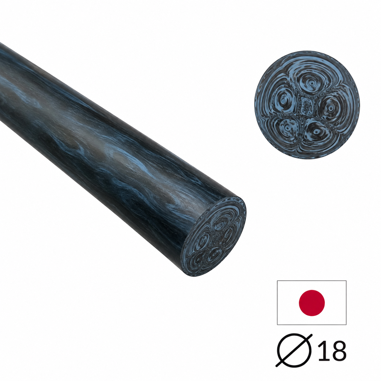 Ebonit-Stange - Ø18 - 25 cm - Geschliffen - Blau & schwarz (mehrfach marmoriert)